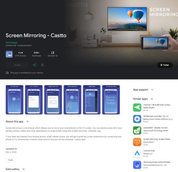 screen mirror to TV Android via castto